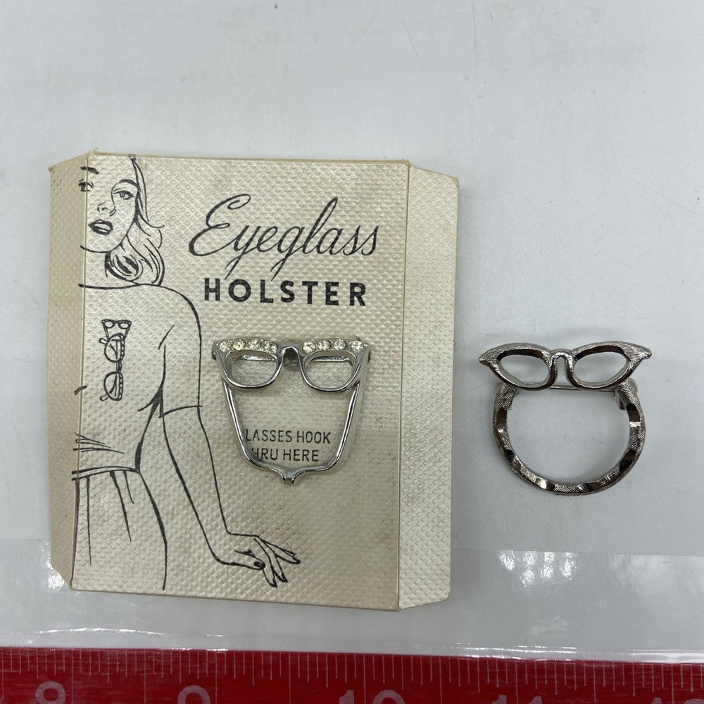 Vintage Silver Tone Cat Eye Glasses Pin with Faux Diamonds Eyeglass Holster 2 - Picture 2 of 5